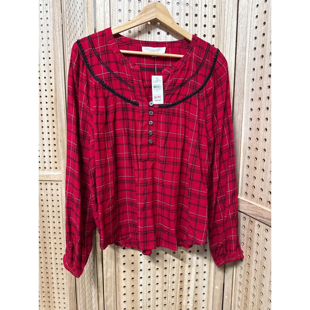 LOFT Red Plaid Long Sleeve Button Up Shirt Women's Size Medium Black Trim